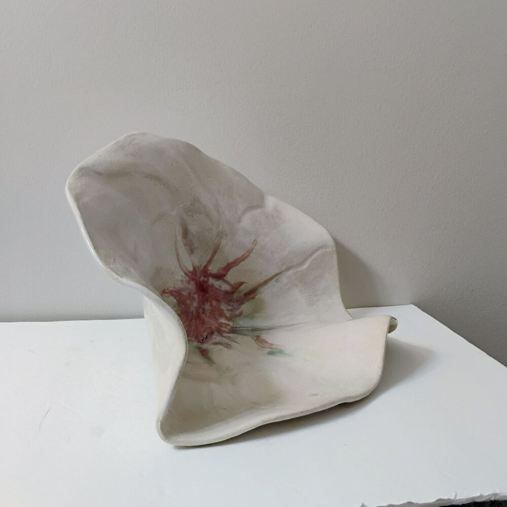 Handcrafted Art Pottery Flower Centerpiece Bowl, Decorative Ceramic White Pink - Picture 10 of 11
